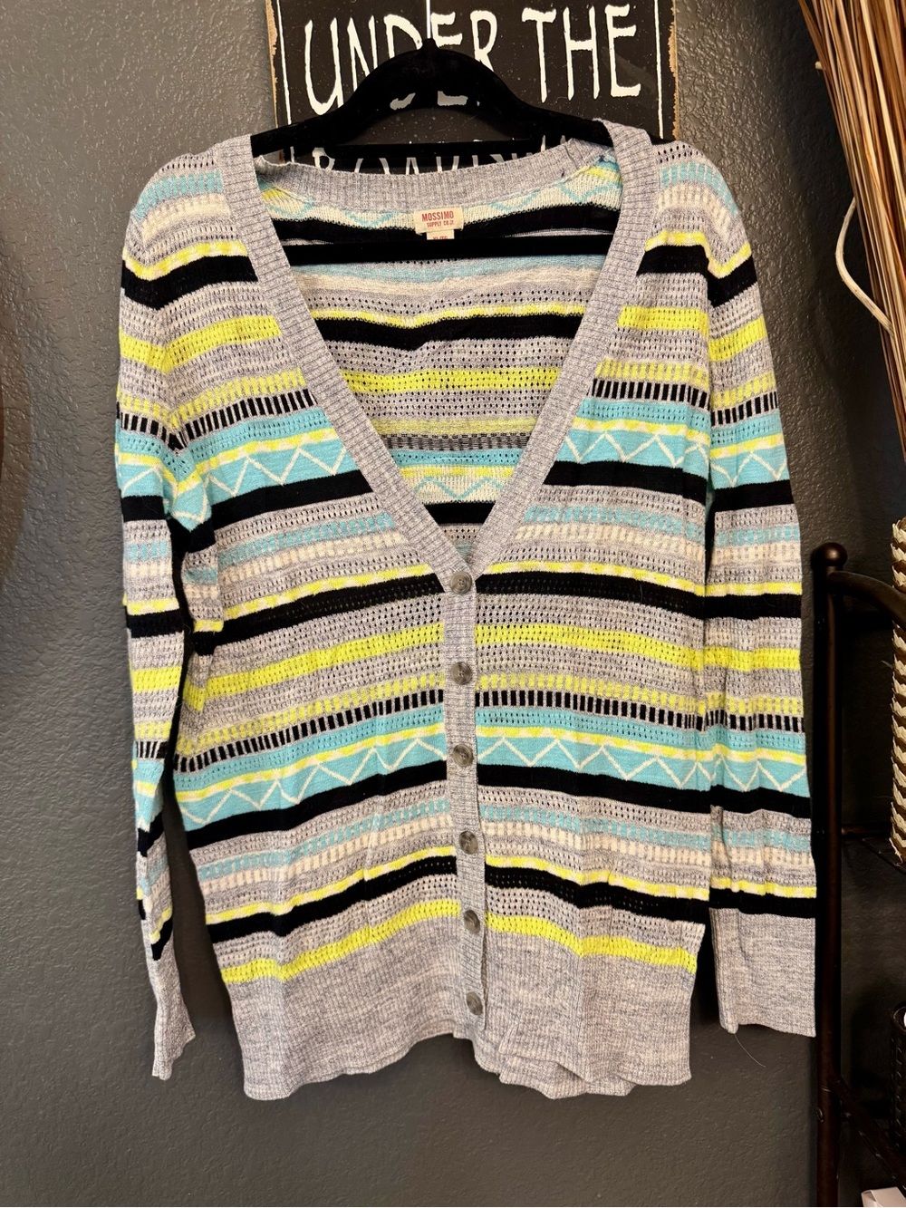 Light Gray Striped Crochet Cardigan with Aqua and Yellow Accents. XL